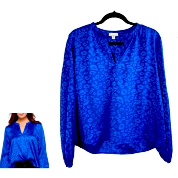 Royal Blue Satin Finish Leopard Texture Print Oversized Blouse Top Size M - Picture 1 of 6